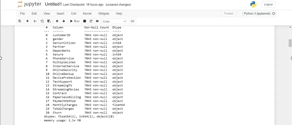 Screenshot demonstration customer churn model in Jupyter