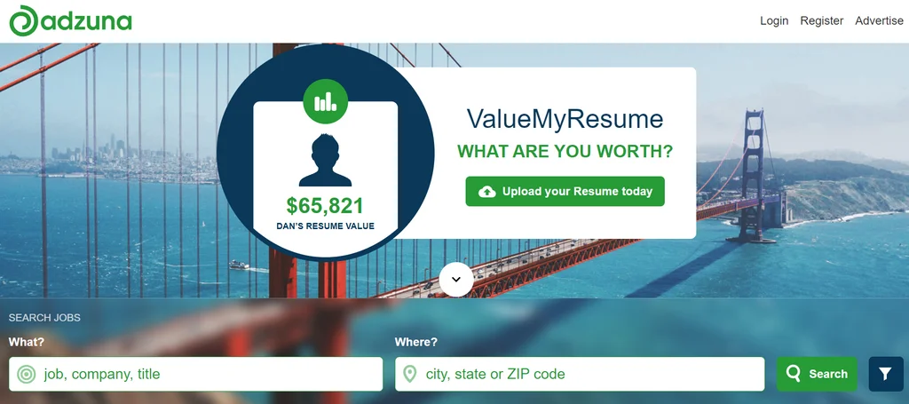 A background with the Golden Gate Bridge. In the upper left corner is the Adzuna logo, and there are buttons to login or register in the upper right corner. In the center is an image of a resume showing its value. And in the bottom there is a job search bar. 