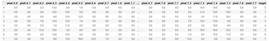 Data table showing the first 8 rows in the MNIST handwritten digit dataset.