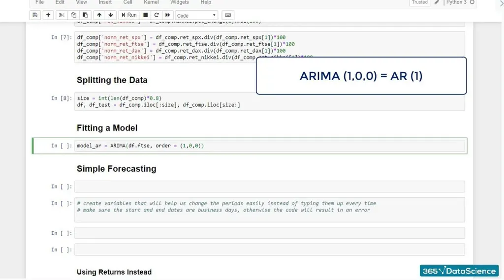 Fitting a time series forecasting model in Python using ARIMA, setting the order to 1,0,0.