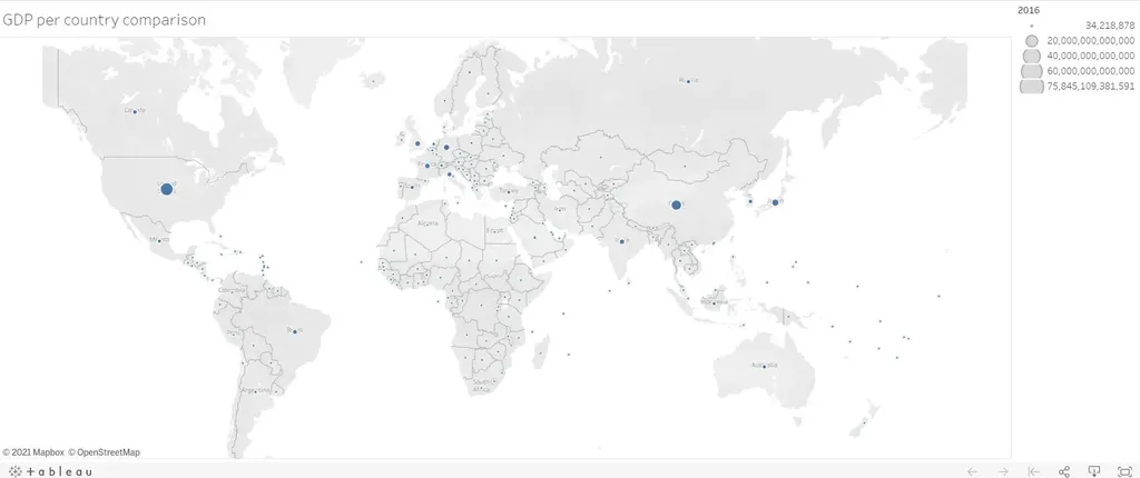 Interactive world map with a key legend, representing the 2016 GDP by country in five basic tiers, designed in Tableau.