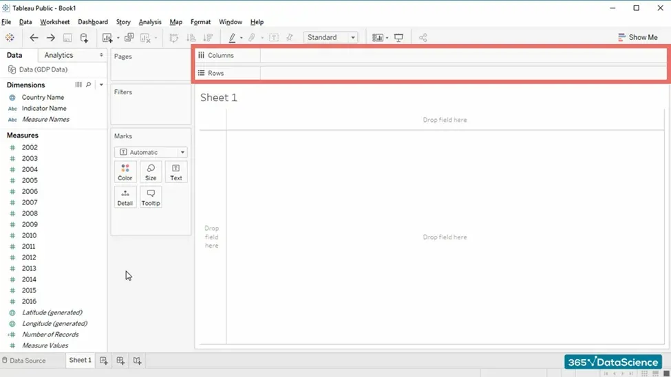 The Tableau interface: Columns and Rows shelves