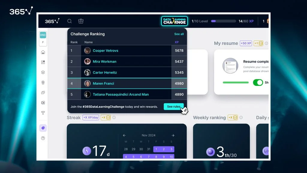 A screenshot of the 365 Data Science platform showing the challenge ranking. It has 5 users showing their names and XP collected. There is also an arrow point to the "see rules" button.