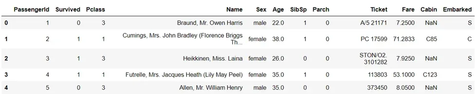 The Titanic dataset imported in the Python library, pandas