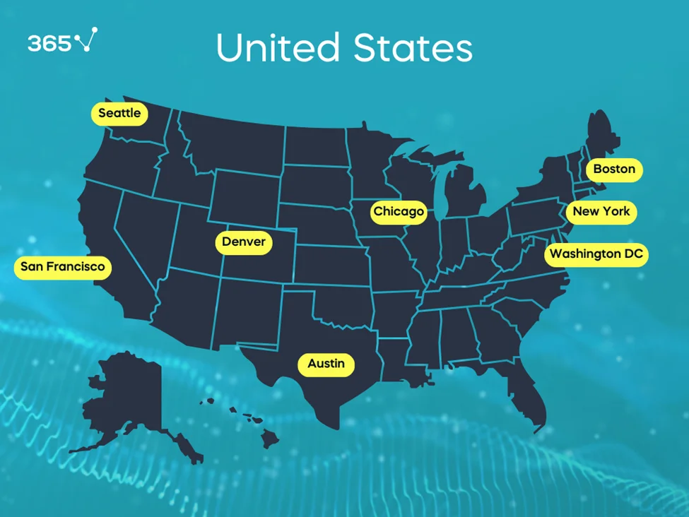 A map of the United States showing the best cities for data science careers, including San Francisco, New York, Boston, Seattle, Washington DC, Chicago, Denver, and Austin.