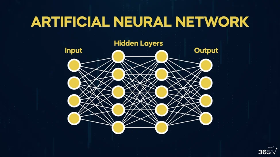 A black background with an image of an artificial neural network below the title “Artificial Neural Network”. The neural network shows a web-like structure with lines moving from the input layer through intermediate layers, or hidden layers, and finally through the output layer. 