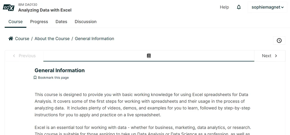 A snapshot of EdX's platform from a course on analyzing data with Excel.