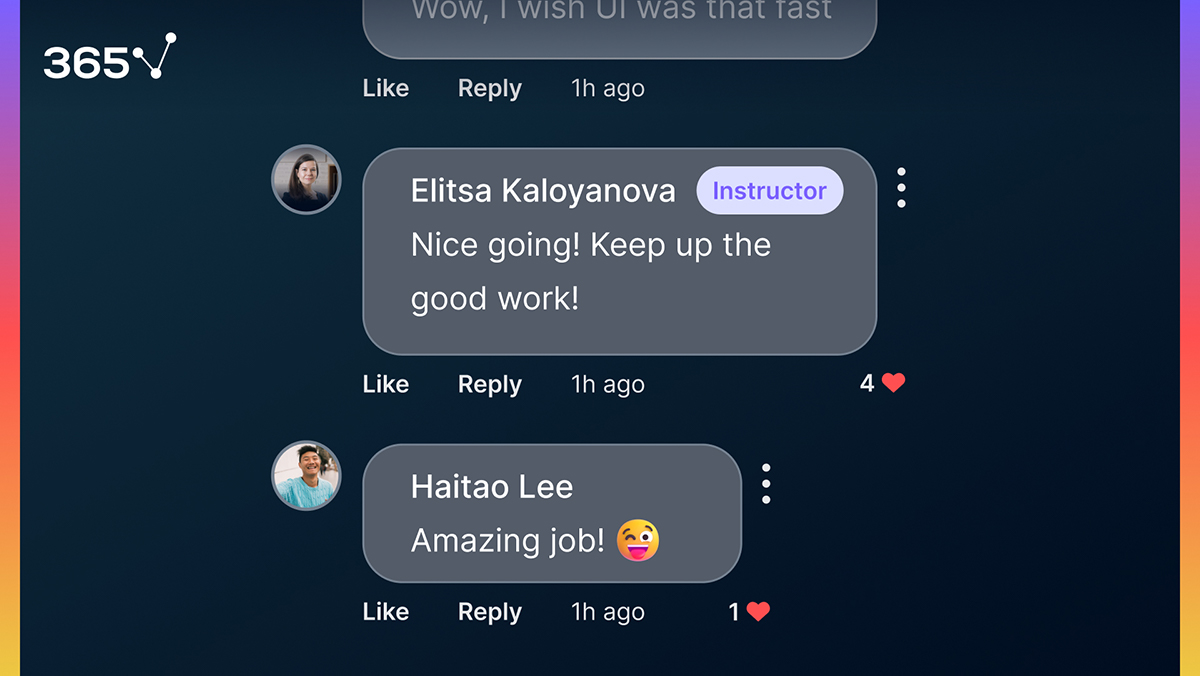 Screenshot of a newsfeed chat with an instructor answering a student's question on the 365 Data Science learning platform.