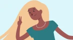 Illustration of a young woman with long blonde hair wearing a teal top and pearl necklace, making a peace sign with her hand.