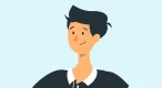 Illustration of a young man with short dark hair wearing a black shirt with a white collar, smiling and looking to the side.