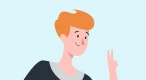 Illustration of a smiling person with short orange hair wearing a dark shirt and making a peace sign with their right hand.