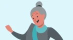 Illustration of an older woman with gray hair in a bun, wearing a gray outfit with a teal scarf, smiling and raising one arm cheerfully.