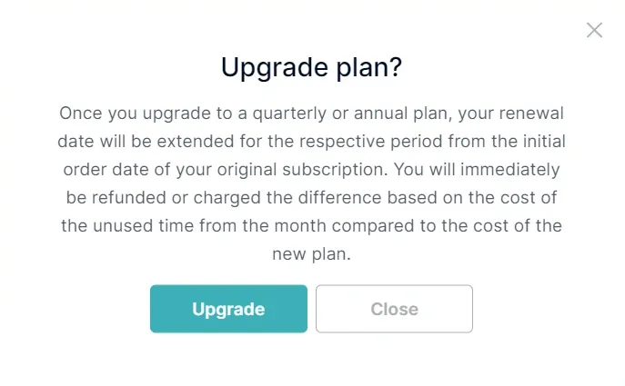 Upgrade Plan pop-up window