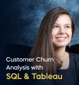 The Customer Churn Analysis with SQL and Tableau course creator stands in a modern office setting with the text 'Customer Churn Analysis with SQL and Tableau' on the left side of the image.