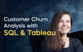 The Customer Churn Analysis with SQL and Tableau course creator stands in a modern office setting with the text 'Customer Churn Analysis with SQL and Tableau' on the left side of the image.
