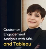 The Customer Engagement Analysis with SQL and Tableau course creator stands in a modern office setting with the text 'Customer Engagement Analysis with SQL and Tableau' on the left side of the image.