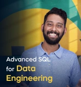 The Advanced SQL for Data Engineering course creator stands in a modern office setting with the text 'Advanced SQL for Data Engineering' on the left side of the image.