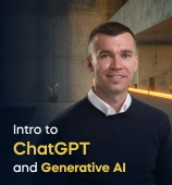 The Intro to ChatGPT and Generative AI course creator stands in a modern office setting with the text 'Intro to ChatGPT and Generative AI' on the left side of the image.