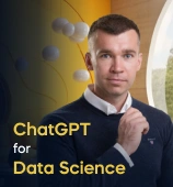 The ChatGPT for Data Science course creator stands in a modern office setting with the text 'ChatGPT for Data Science' on the left side of the image.
