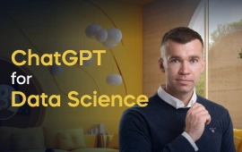 The ChatGPT for Data Science course creator stands in a modern office setting with the text 'ChatGPT for Data Science' on the left side of the image.