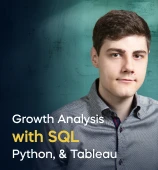 The Growth Analysis with SQL, Python, and Tableau   course creator stands in a modern office setting with the text 'Growth Analysis with SQL, Python, and Tableau  ' on the left side of the image.