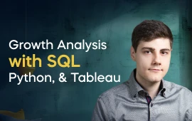 The Growth Analysis with SQL, Python, and Tableau   course creator stands in a modern office setting with the text 'Growth Analysis with SQL, Python, and Tableau  ' on the left side of the image.