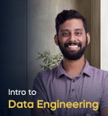 The Intro to Data Engineering course creator stands in a modern office setting with the text 'Intro to Data Engineering' on the left side of the image.