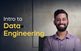 The Intro to Data Engineering course creator stands in a modern office setting with the text 'Intro to Data Engineering' on the left side of the image.