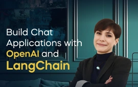 The Build Chat Applications with OpenAI and LangChain course creator stands in a modern office setting with the text 'Build Chat Applications with OpenAI and LangChain' on the left side of the image.