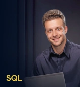 The SQL course creator stands in a modern office setting with the text 'SQL' on the left side of the image.