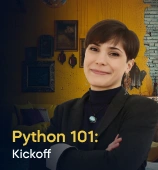 The Python 101: Kickoff course creator stands in a modern office setting with the text 'Python 101: Kickoff' on the left side of the image.
