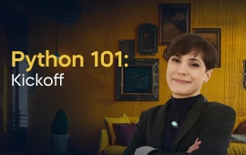 The Python 101: Kickoff course creator stands in a modern office setting with the text 'Python 101: Kickoff' on the left side of the image.