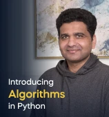 The Introducing Algorithms in Python course creator stands in a modern office setting with the text 'Introducing Algorithms in Python' on the left side of the image.