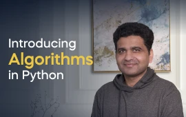 The Introducing Algorithms in Python course creator stands in a modern office setting with the text 'Introducing Algorithms in Python' on the left side of the image.