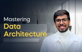The Introduction to Data Architecture course creator stands in a modern office setting with the text 'Introduction to Data Architecture' on the left side of the image.