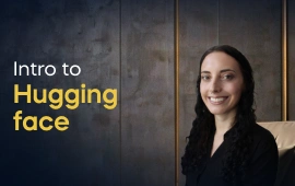 The Introduction to Hugging Face course creator stands in a modern office setting with the text 'Introduction to Hugging Face' on the left side of the image.