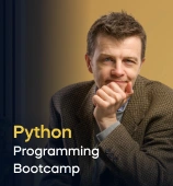 The Python Programmer Bootcamp course creator stands in a modern office setting with the text 'Python Programmer Bootcamp' on the left side of the image.