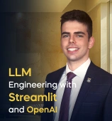 The LLM Engineering in Practice with Streamlit and OpenAI course creator stands in a modern office setting with the text 'LLM Engineering in Practice with Streamlit and OpenAI' on the left side of the image.