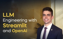 The LLM Engineering in Practice with Streamlit and OpenAI course creator stands in a modern office setting with the text 'LLM Engineering in Practice with Streamlit and OpenAI' on the left side of the image.