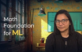 The Math Foundation for ML course creator stands in a modern office setting with the text 'Math Foundation for ML' on the left side of the image.