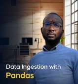 The Data Ingestion with Pandas course creator stands in a modern office setting with the text 'Data Ingestion with Pandas' on the left side of the image.