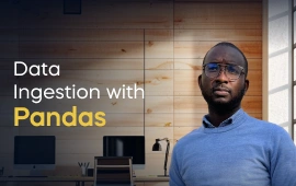 The Data Ingestion with Pandas course creator stands in a modern office setting with the text 'Data Ingestion with Pandas' on the left side of the image.