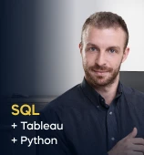 The SQL + Tableau + Python course creator stands in a modern office setting with the text 'SQL + Tableau + Python' on the left side of the image.