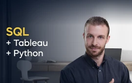 The SQL + Tableau + Python course creator stands in a modern office setting with the text 'SQL + Tableau + Python' on the left side of the image.