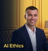The AI Ethics course creator stands in a modern office setting with the text 'AI Ethics' on the left side of the image.