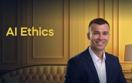 The AI Ethics course creator stands in a modern office setting with the text 'AI Ethics' on the left side of the image.