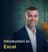 The Introduction to Excel course creator stands in a modern office setting with the text 'Introduction to Excel' on the left side of the image.