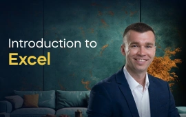 The Introduction to Excel course creator stands in a modern office setting with the text 'Introduction to Excel' on the left side of the image.