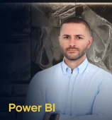 The Power BI course creator stands in a modern office setting with the text 'Power BI' on the left side of the image.