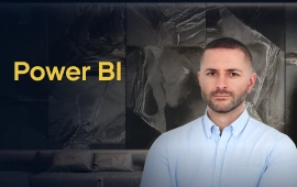 The Power BI course creator stands in a modern office setting with the text 'Power BI' on the left side of the image.